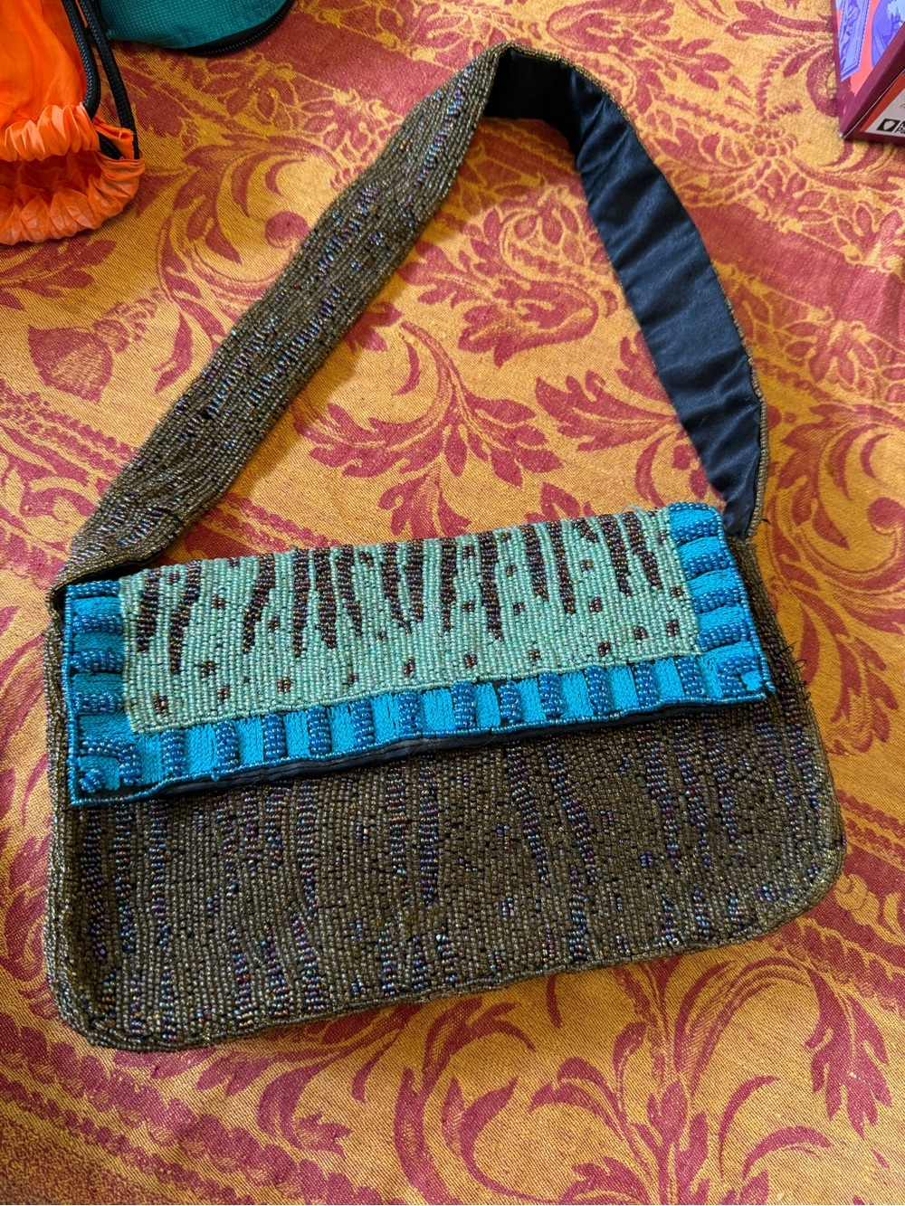 Beaded Teal and Brown Shoulder Bag with Turquoise Accent